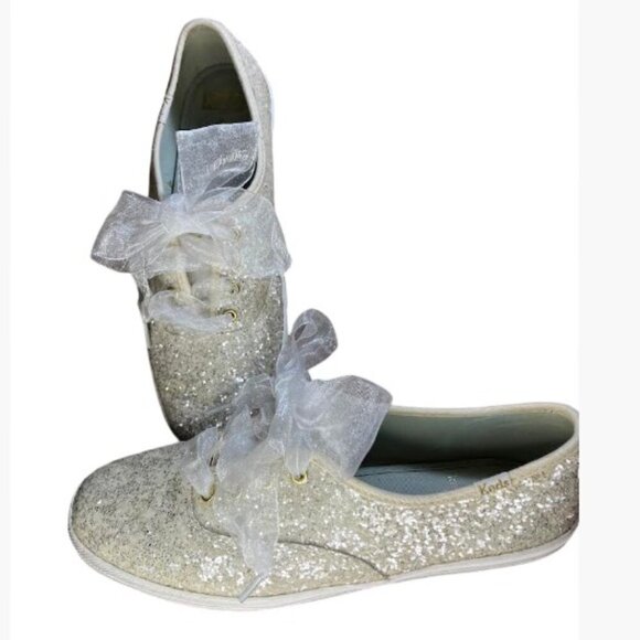 Kate Spade X Keds Shoes - Keds by Kate Spade Champion Glitter Sneakers White Sheer Ribbon Laces Size 7 EUC